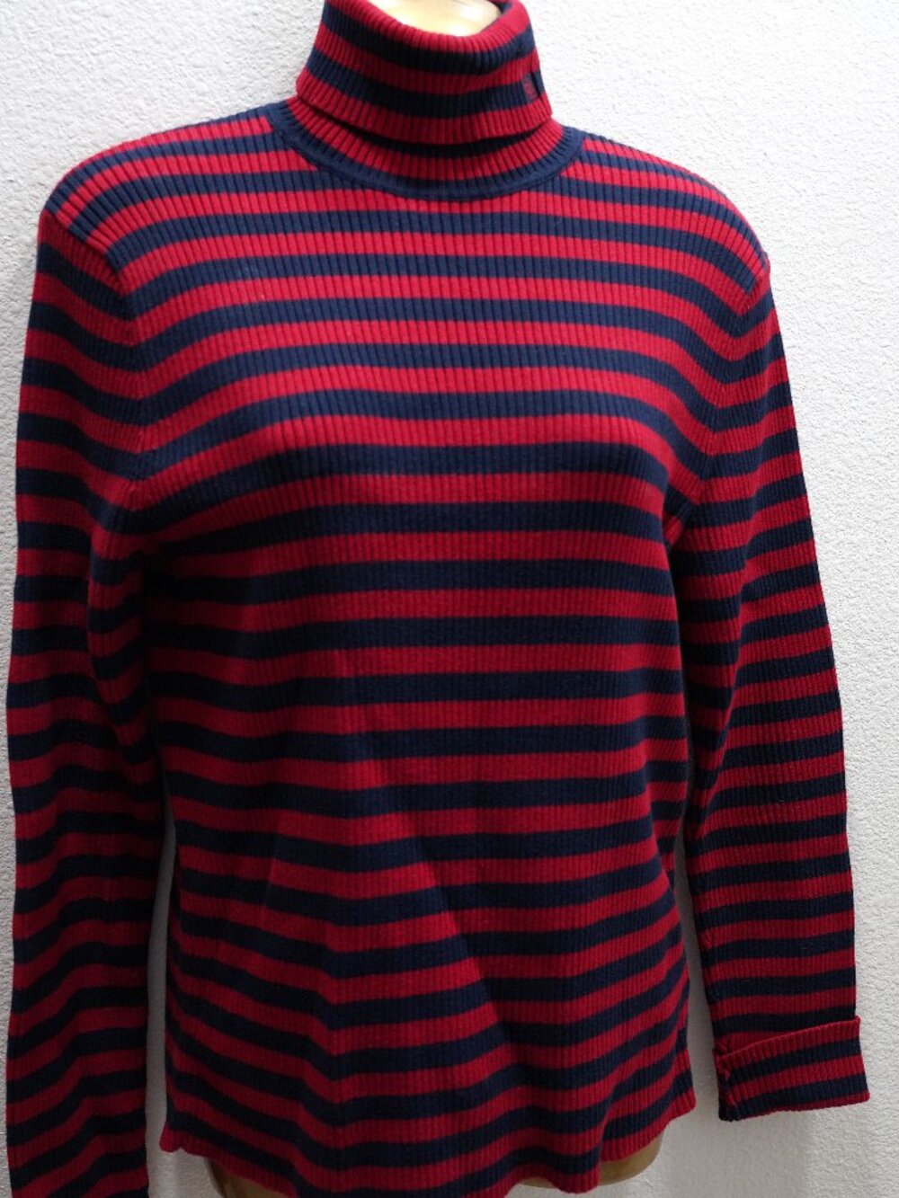 Lauren Ralph Lauren Red Navy Stripe Turtleneck Logo Sweater size L